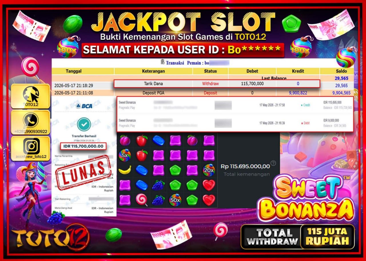 HANYA DI TOTO12 JP PASTI DI BAYAR LUNAS DAN CEPAT!!!!!! JACKPOT SLOT GAME (SWEET BONANZA) Rp115.700.000!!!!