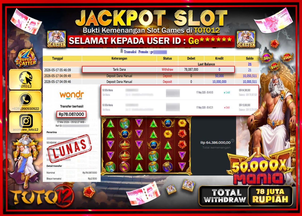 HANYA DI TOTO12 JP PASTI DI BAYAR LUNAS DAN CEPAT!!!!!! JACKPOT SLOT GAME (50.000 X MANIA) Rp78.087.000!!!!