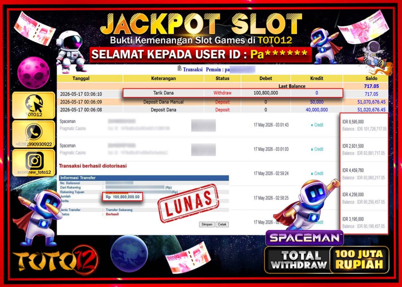 HANYA DI TOTO12 JP PASTI DI BAYAR LUNAS DAN CEPAT!!!!!! JACKPOT SLOT GAME (SPACEMAN) Rp100.800.000!!!!