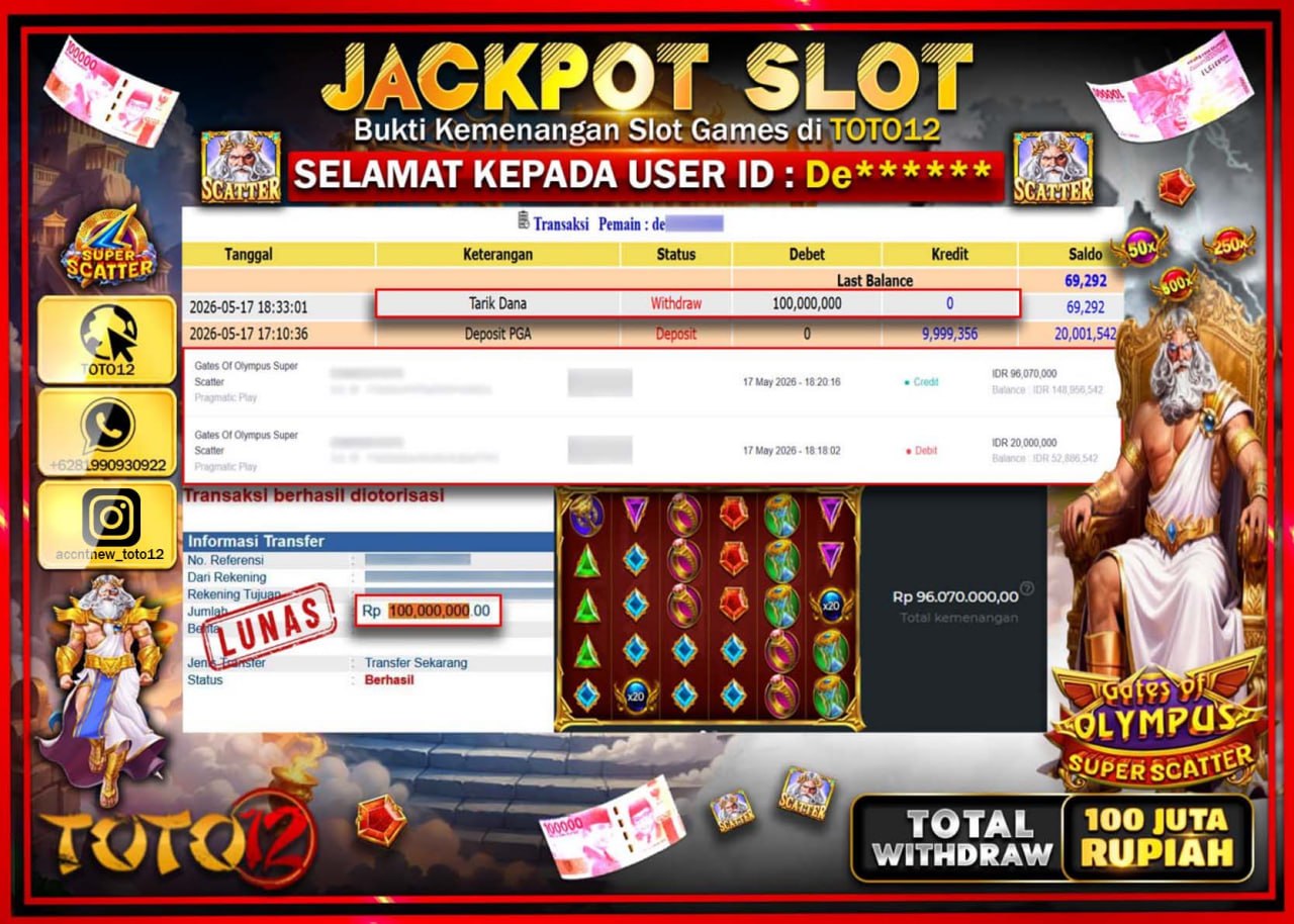 HANYA DI TOTO12 JP PASTI DI BAYAR LUNAS DAN CEPAT!!!!!! JACKPOT SLOT GAME (GATES OF OLYMPUS SUPER SCATTER) Rp100.000.000!!!!