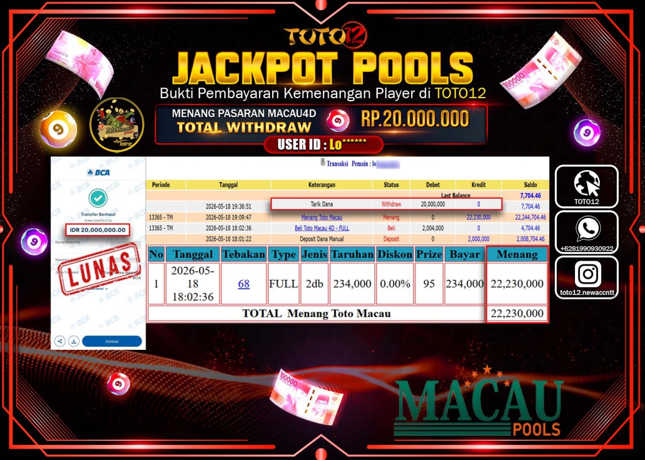 HANYA DI TOTO12 JP PASTI DI BAYAR LUNAS DAN CEPAT!!!!!! JACKPOT POOLS PASARAN (MACAU 4D) Rp20.000.000!!!!