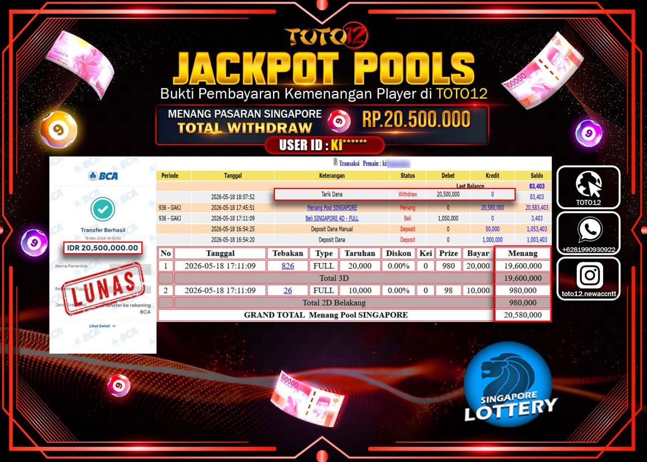 HANYA DI TOTO12 JP PASTI DI BAYAR LUNAS DAN CEPAT!!!!!! JACKPOT POOLS PASARAN (SINGAPORE) Rp20.500.000!!!!