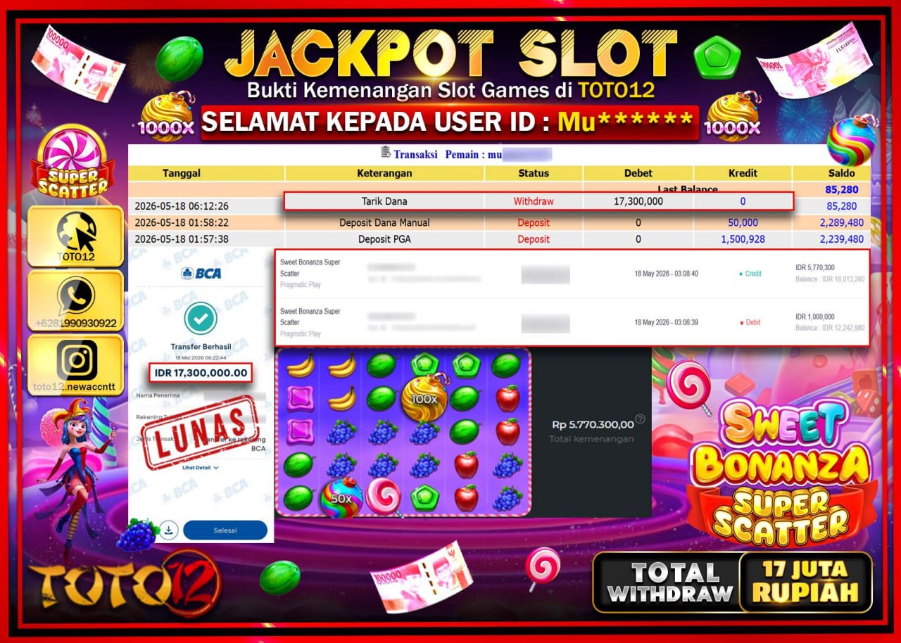 HANYA DI TOTO12 JP PASTI DI BAYAR LUNAS DAN CEPAT!!!!!! JACKPOT SLOT GAME (SWEET BONANZA SUPER SCATTER) Rp17.300.000!!!!