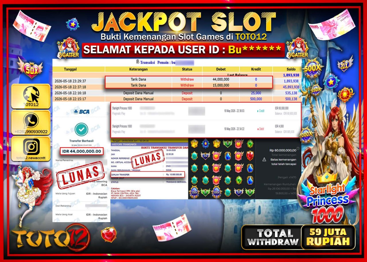 HANYA DI TOTO12 JP PASTI DI BAYAR LUNAS DAN CEPAT!!!!!! JACKPOT SLOT GAME (STARLIGHT PRINCESS 1000) Rp59.000.000!!!!
