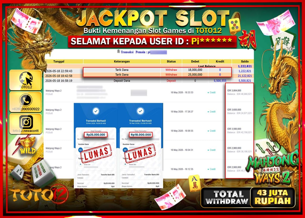 HANYA DI TOTO12 JP PASTI DI BAYAR LUNAS DAN CEPAT!!!!!! JACKPOT SLOT GAME (MAHJONG WAYS 2) Rp43.000.000!!!!