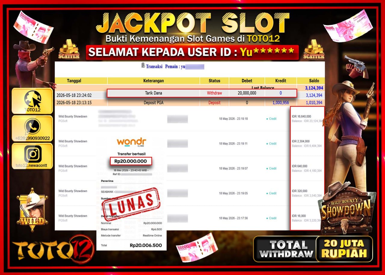 HANYA DI TOTO12 JP PASTI DI BAYAR LUNAS DAN CEPAT!!!!!! JACKPOT SLOT GAME (WILD BOUNTY SHOWDOWN) Rp20.000.000!!!!