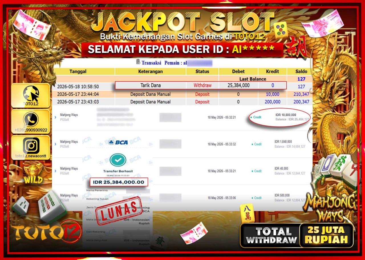 HANYA DI TOTO12 JP PASTI DI BAYAR LUNAS DAN CEPAT!!!!!! JACKPOT SLOT GAME (MAHJONG WAYS) Rp25.384.000!!!!