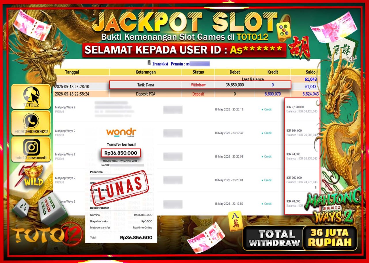 HANYA DI TOTO12 JP PASTI DI BAYAR LUNAS DAN CEPAT!!!!!! JACKPOT SLOT GAME (MAHJONG WAYS 2) Rp36.850.000!!!!