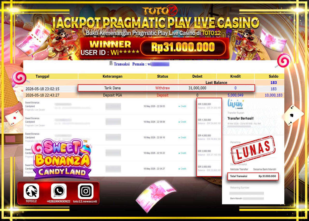 HANYA DI TOTO12 JP PASTI DI BAYAR LUNAS DAN CEPAT!!!!!! JACKPOT PRAGMATIC PLAY LIVE GAME CASINO (SWEET BONANZA CANDYLAND) Rp31.000.000!!!!