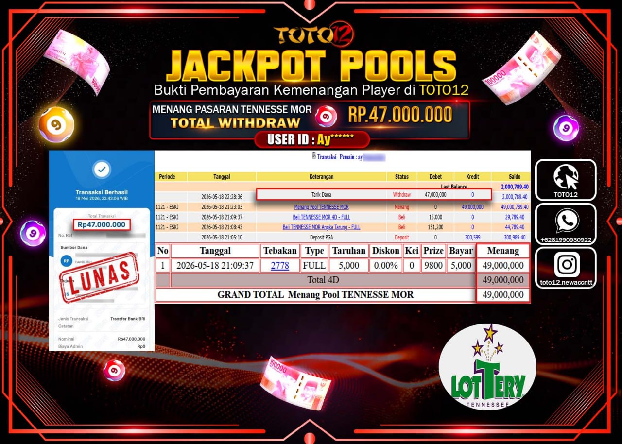 HANYA DI TOTO12 JP PASTI DI BAYAR LUNAS DAN CEPAT!!!!!! JACKPOT POOLS PASARAN (TENNESSE MORNNING) Rp47.000.000!!!!