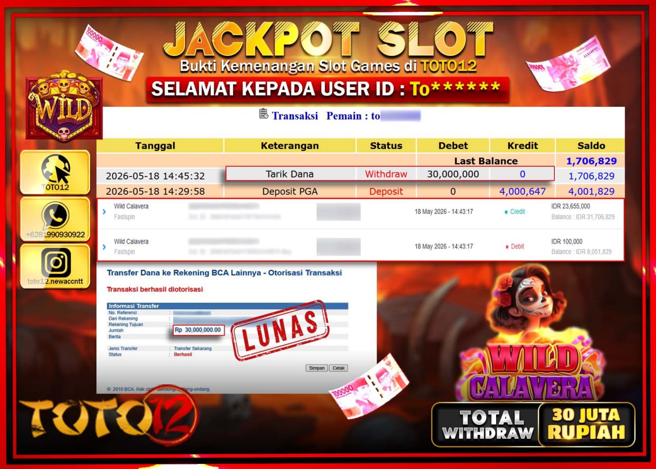 HANYA DI TOTO12 JP PASTI DI BAYAR LUNAS DAN CEPAT!!!!!! JACKPOT SLOT GAME (WILD CALAVERA) Rp30.000.000!!!!