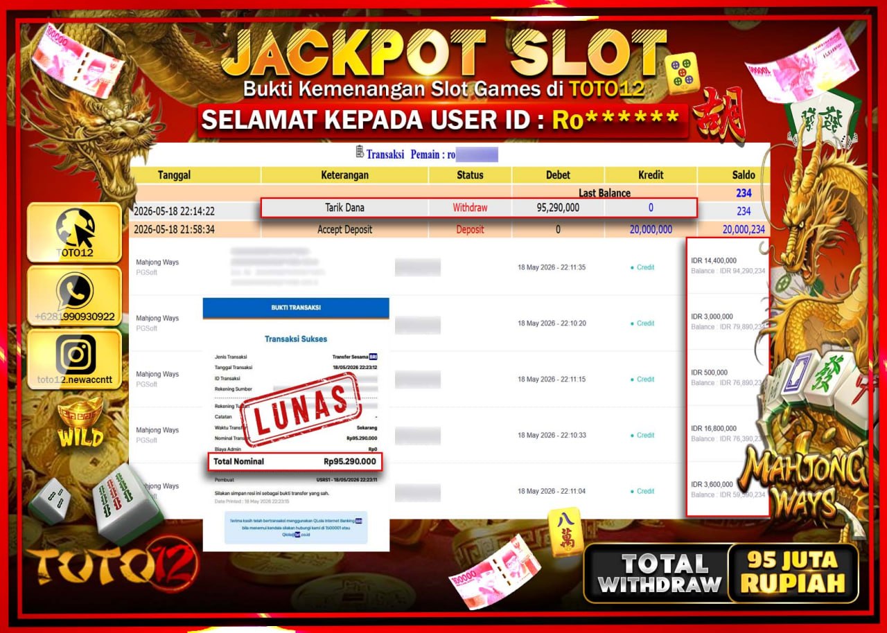 HANYA DI TOTO12 JP PASTI DI BAYAR LUNAS DAN CEPAT!!!!!! JACKPOT SLOT GAME (MAHJONG WAYS) Rp95.290.000!!!!
