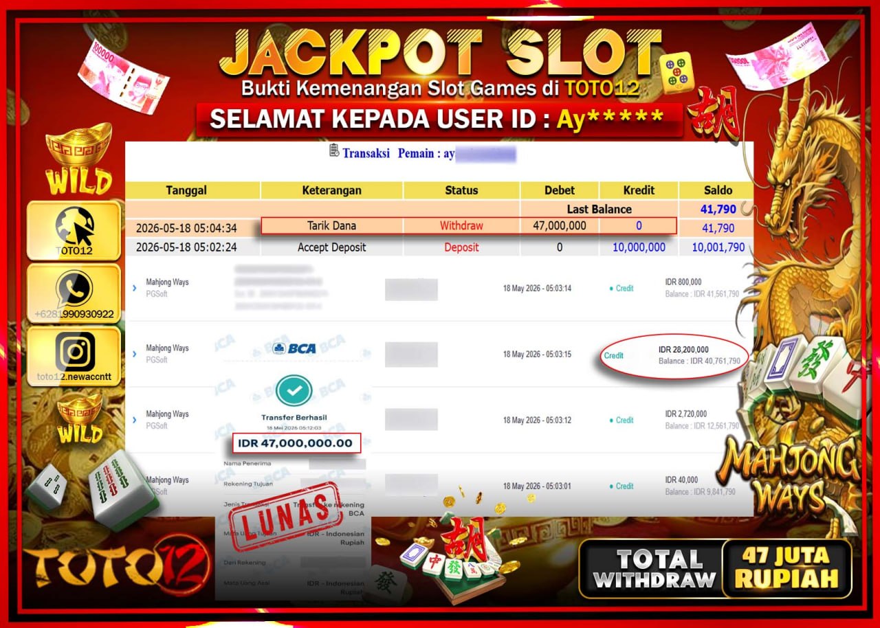 HANYA DI TOTO12 JP PASTI DI BAYAR LUNAS DAN CEPAT!!!!!! JACKPOT SLOT GAME (MAHJONG WAYS) Rp47.000.000!!!!