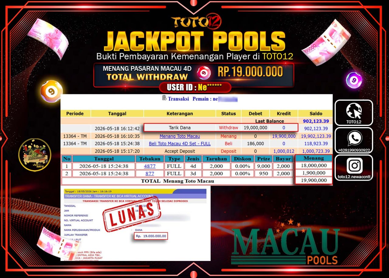 HANYA DI TOTO12 JP PASTI DI BAYAR LUNAS DAN CEPAT!!!!!! JACKPOT POOLS PASARAN (MACAU 4D) Rp19.000.000!!!!