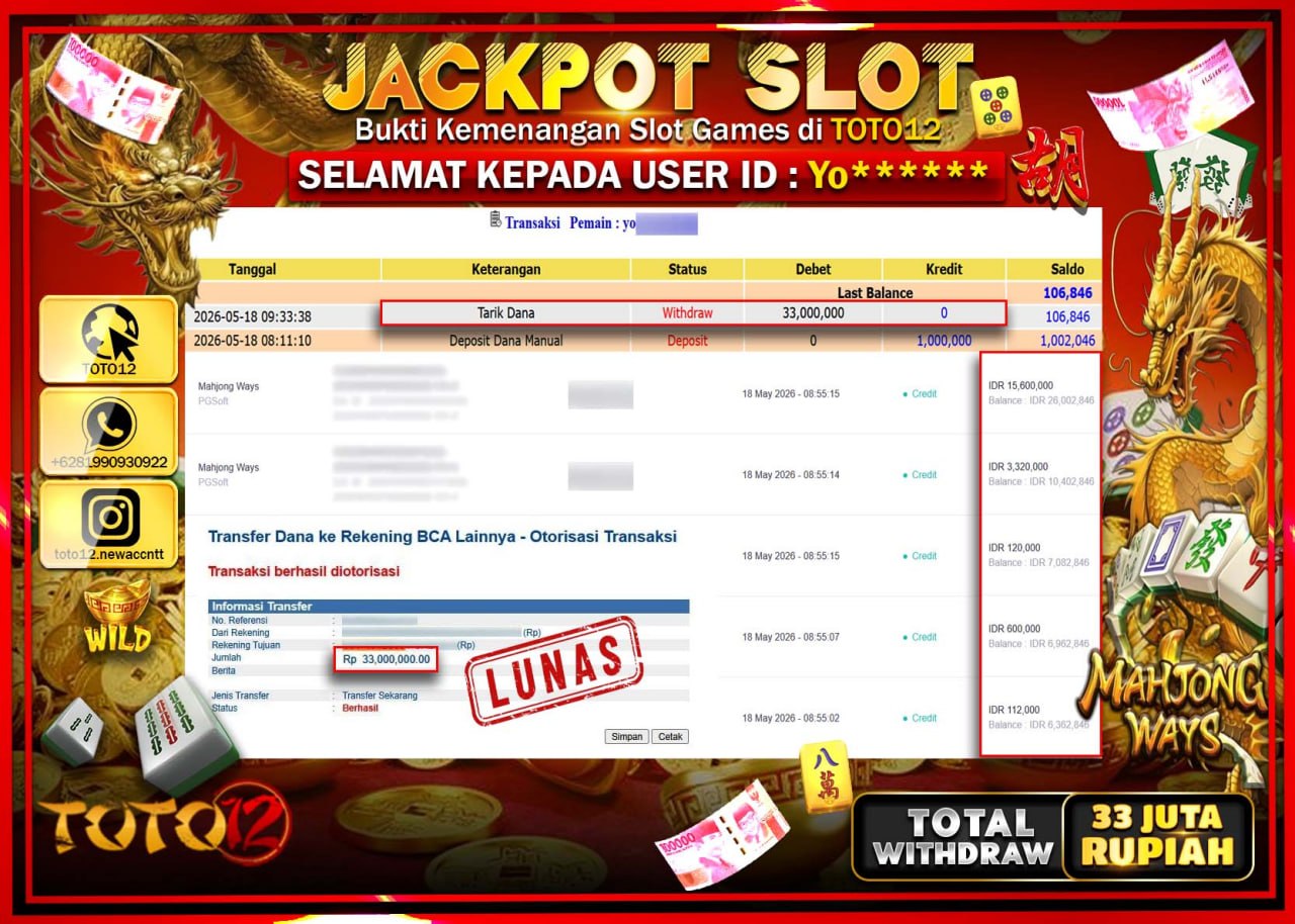 HANYA DI TOTO12 JP PASTI DI BAYAR LUNAS DAN CEPAT!!!!!! JACKPOT SLOT GAME (MAHJONG WAYS) Rp33.000.000!!!!