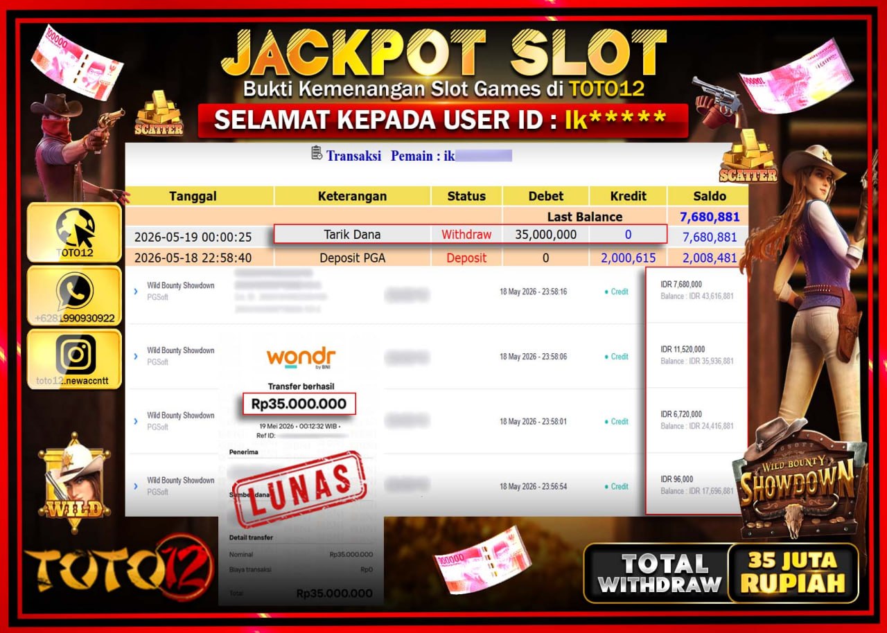 HANYA DI TOTO12 JP PASTI DI BAYAR LUNAS DAN CEPAT!!!!!! JACKPOT SLOT GAME (WILD BOUNTY SHOWDOWN) Rp35.000.000!!!!