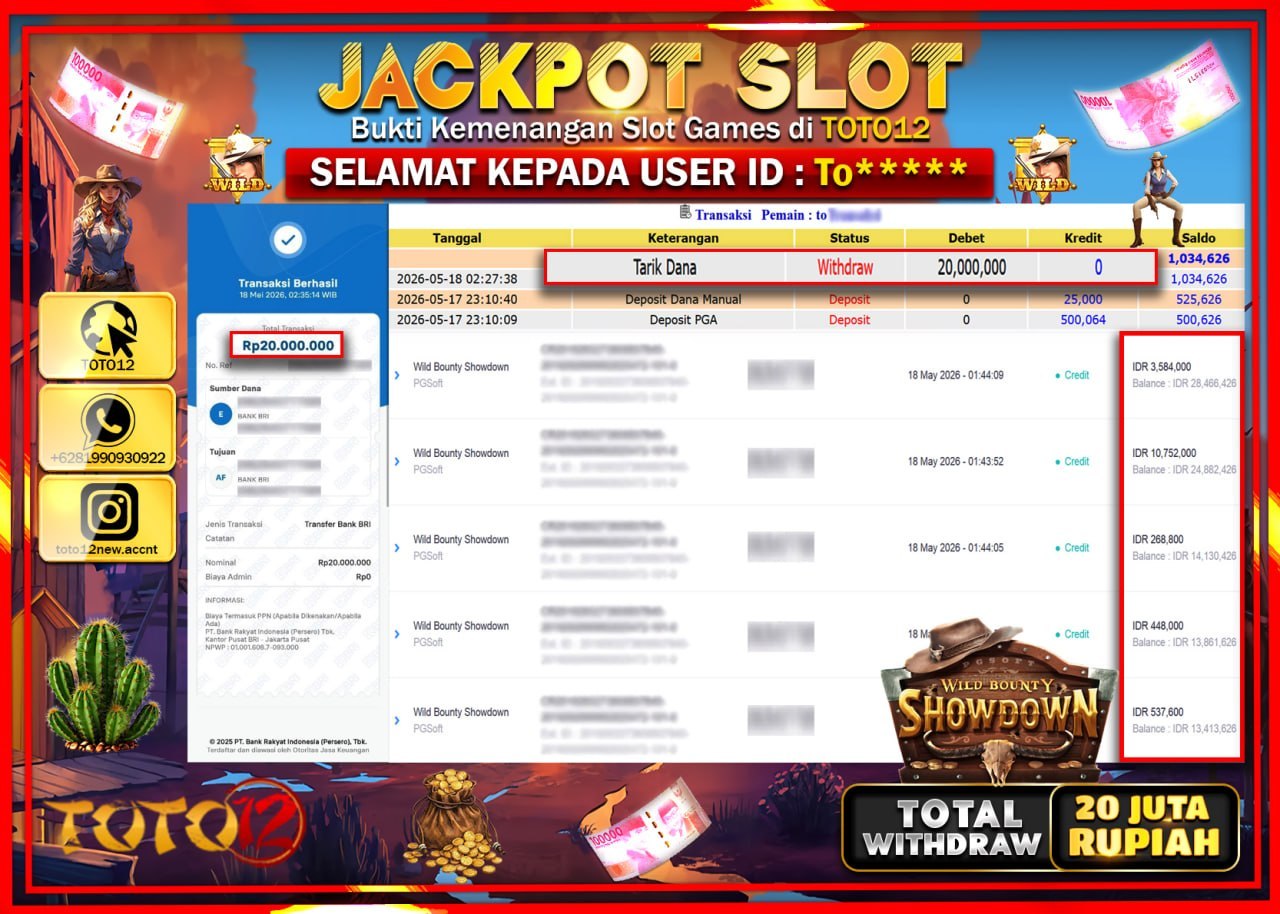 HANYA DI TOTO12 JP PASTI DI BAYAR LUNAS DAN CEPAT!!!!!! JACKPOT SLOT GAME (WILD BOUNTY SHOWDOWN) Rp20.000.000!!!!