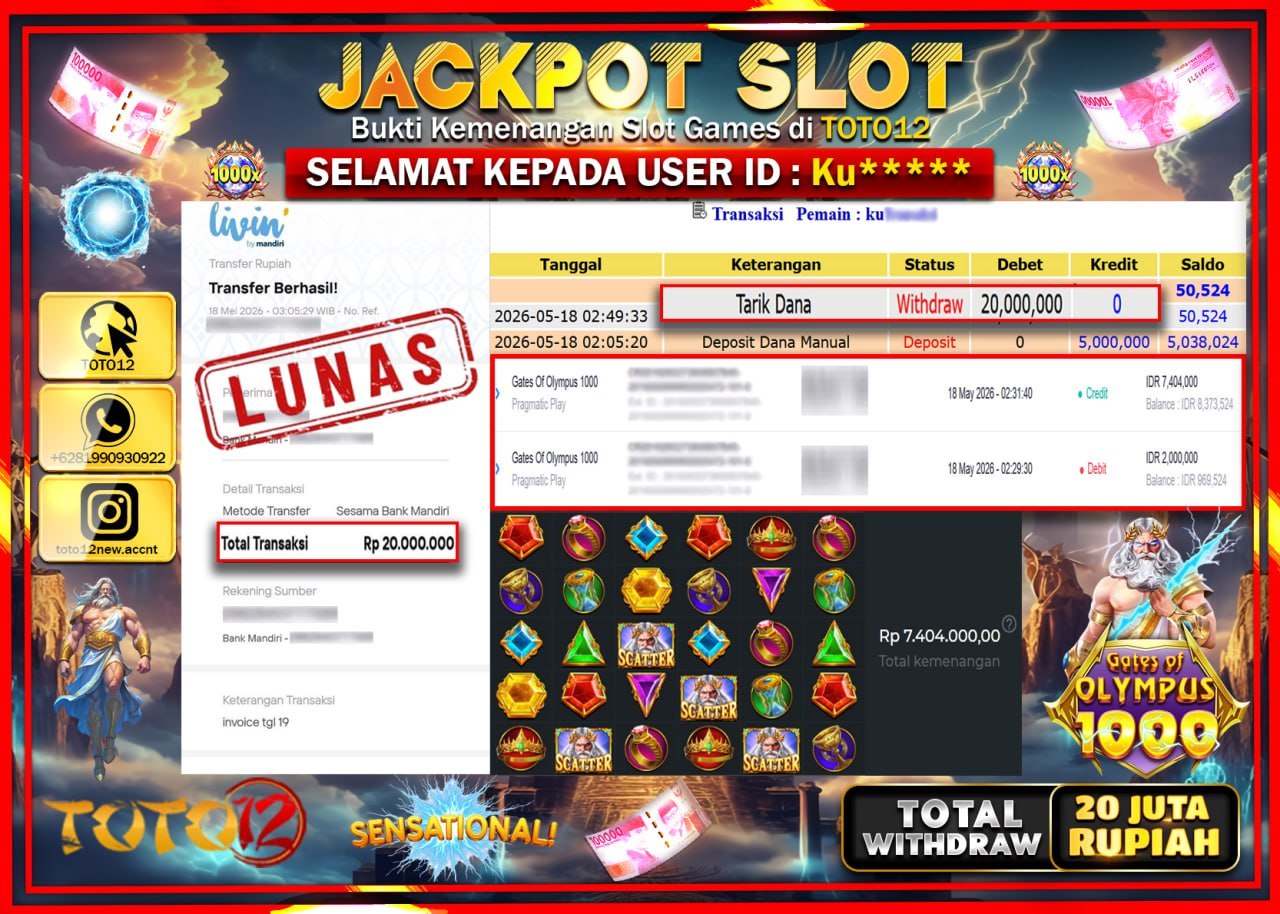 HANYA DI TOTO12 JP PASTI DI BAYAR LUNAS DAN CEPAT!!!!!! JACKPOT SLOT GAME (GATES OF OLYMPUS 1000) Rp20.000.000!!!!