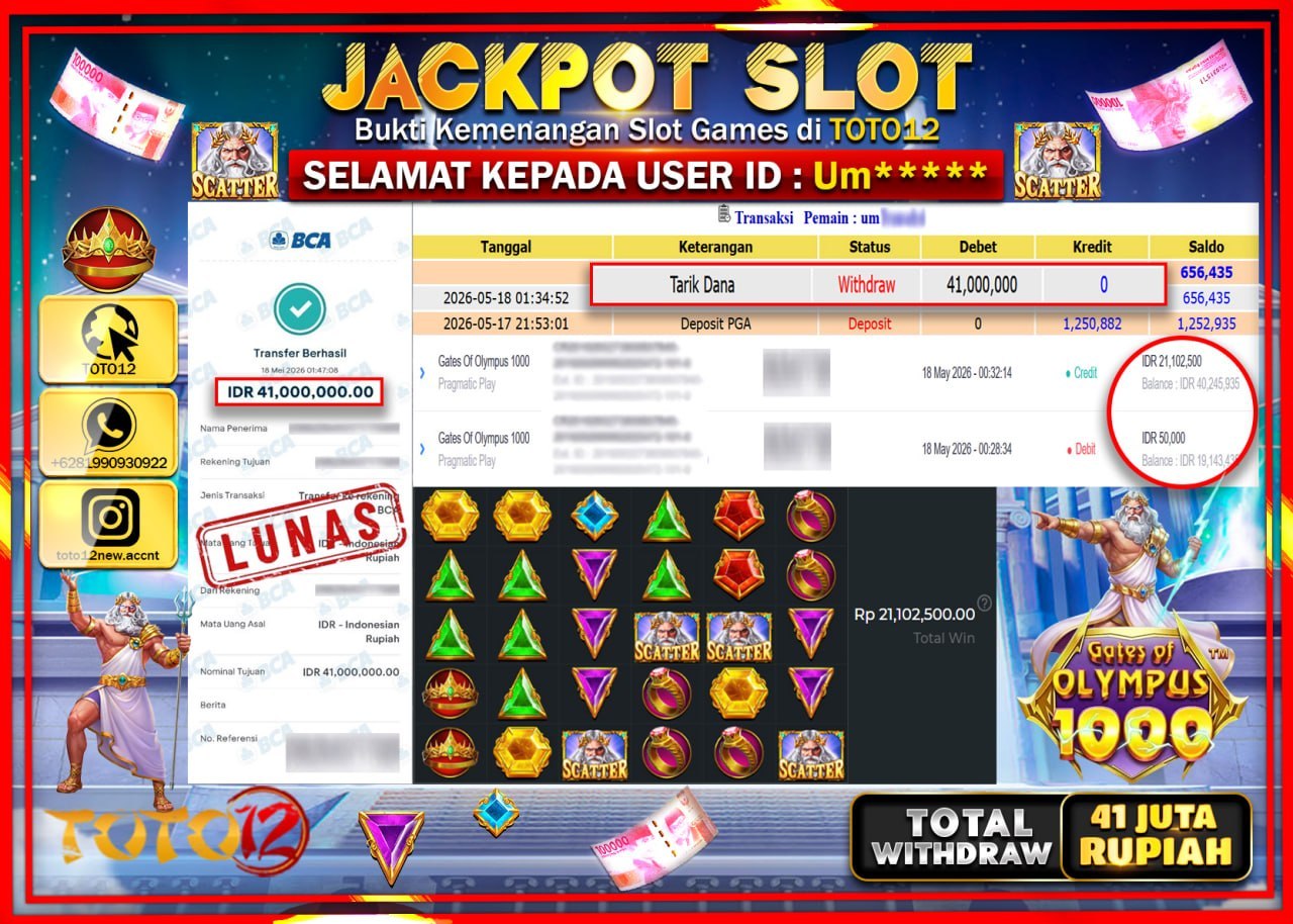 HANYA DI TOTO12 JP PASTI DI BAYAR LUNAS DAN CEPAT!!!!!! JACKPOT SLOT GAME (GATES OF OLYMPUS 1000) Rp41.000.000!!!!