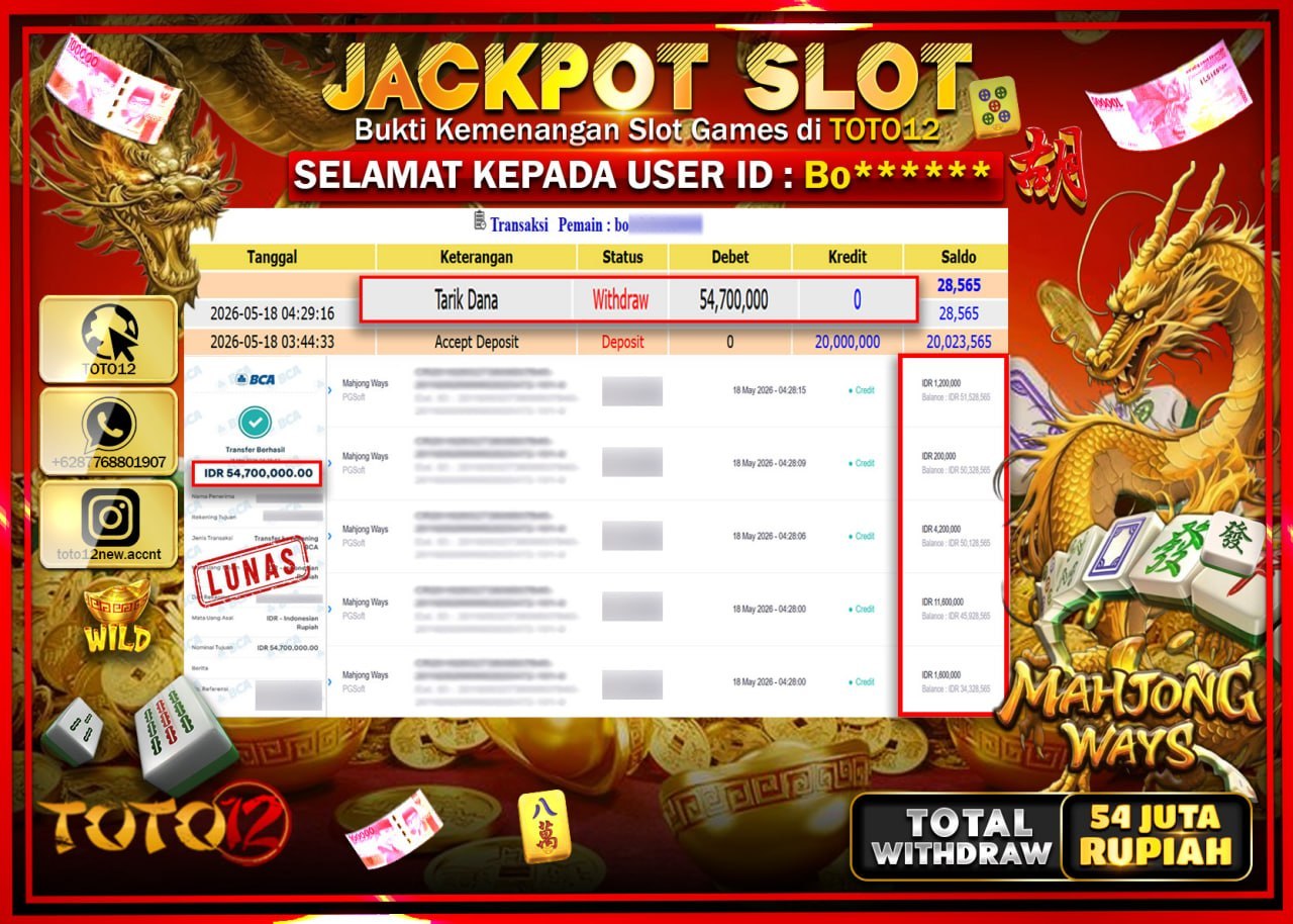 HANYA DI TOTO12 JP PASTI DI BAYAR LUNAS DAN CEPAT!!!!!! JACKPOT SLOT GAME (MAHJONG WAYS) Rp54.700.000!!!!