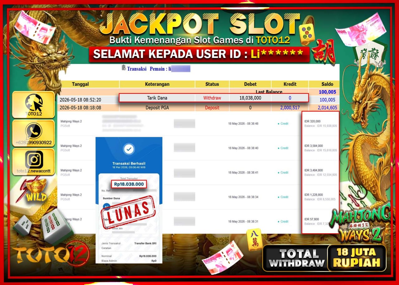 HANYA DI TOTO12 JP PASTI DI BAYAR LUNAS DAN CEPAT!!!!!! JACKPOT SLOT GAME (MAHJONG WAYS 2) Rp18.038.000!!!!