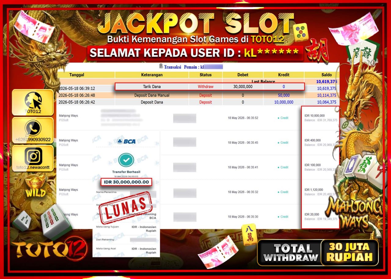 HANYA DI TOTO12 JP PASTI DI BAYAR LUNAS DAN CEPAT!!!!!! JACKPOT SLOT GAME (MAHJONG WAYS) Rp30.000.000!!!!