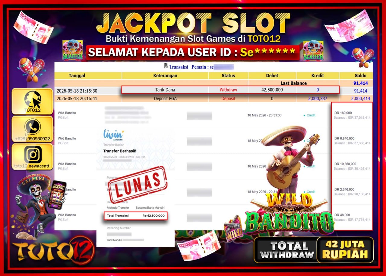 HANYA DI TOTO12 JP PASTI DI BAYAR LUNAS DAN CEPAT!!!!!! JACKPOT SLOT GAME (WILD BANDITO) Rp42.500.000!!!!