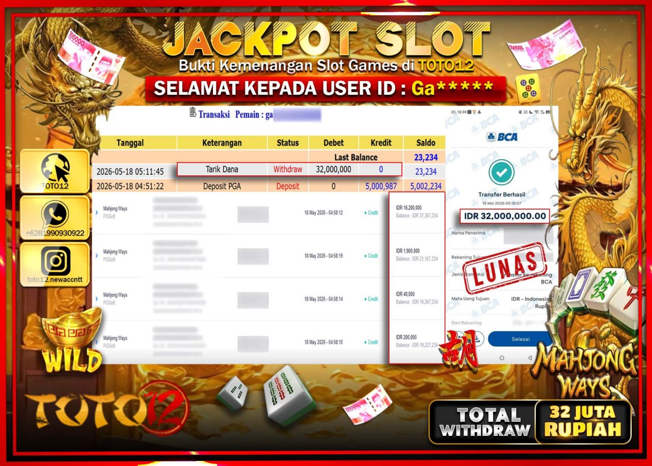 HANYA DI TOTO12 JP PASTI DI BAYAR LUNAS DAN CEPAT!!!!!! JACKPOT SLOT GAME (MAHJONG WAYS) Rp32.000.000!!!!