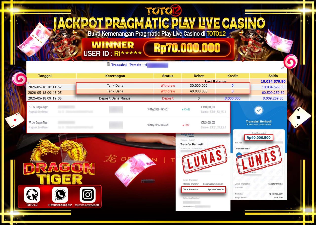 HANYA DI TOTO12 JP PASTI DI BAYAR LUNAS DAN CEPAT!!!!!! JACKPOT PRAGMATIC PLAY LIVE GAME CASINO (PP LIVE DRAGON TIGER) Rp70.000.000!!!!