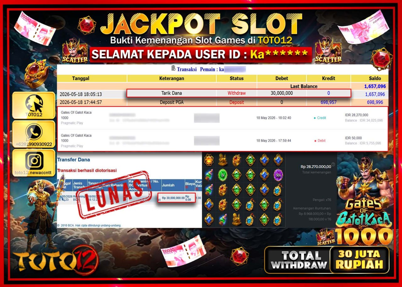 HANYA DI TOTO12 JP PASTI DI BAYAR LUNAS DAN CEPAT!!!!!! JACKPOT SLOT GAME (GATES OF GATOTKACA 1000) Rp30.000.000!!!!