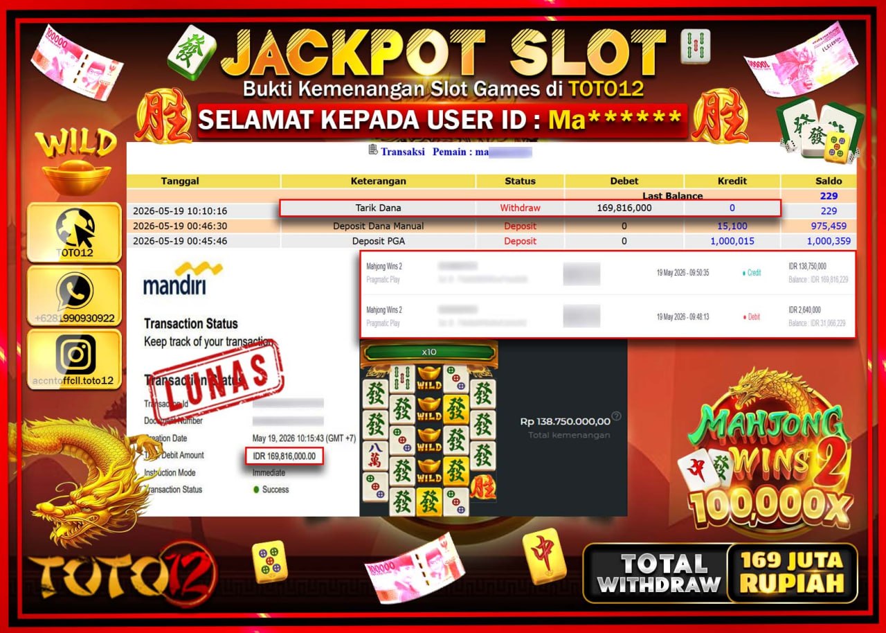 HANYA DI TOTO12 JP PASTI DI BAYAR LUNAS DAN CEPAT!!!!!! JACKPOT SLOT GAME (MAHJONG WINS 2) Rp169.816.000!!!!
