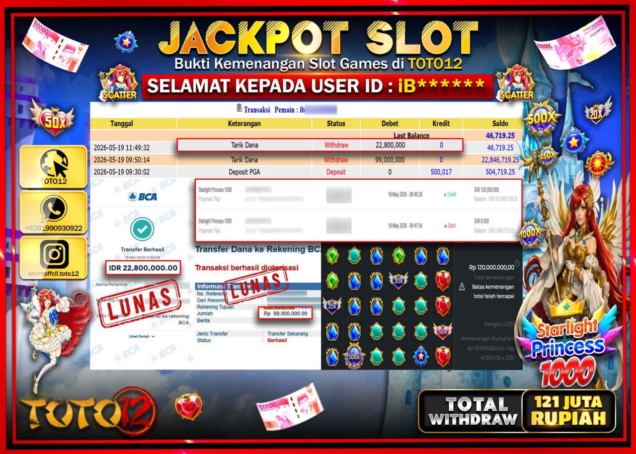 HANYA DI TOTO12 JP PASTI DI BAYAR LUNAS DAN CEPAT!!!!!! JACKPOT SLOT GAME (STARLIGHT PRINCESS 1000) Rp121.800.000!!!!