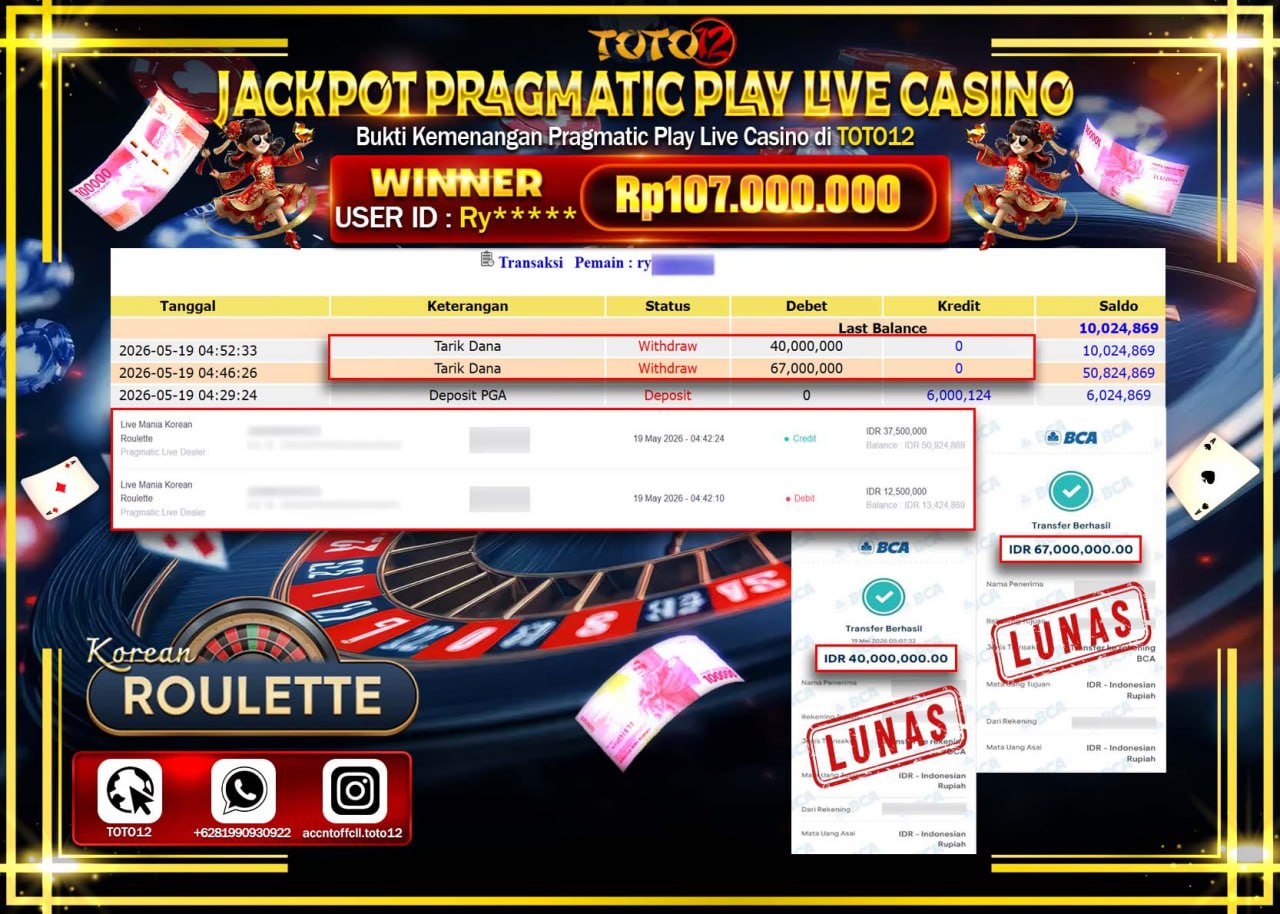HANYA DI TOTO12 JP PASTI DI BAYAR LUNAS DAN CEPAT!!!!!! JACKPOT PRAGMATIC PLAY LIVE GAME CASINO (LIVE MANIA KOREAN ROULETTE) Rp107.000.000!!!!