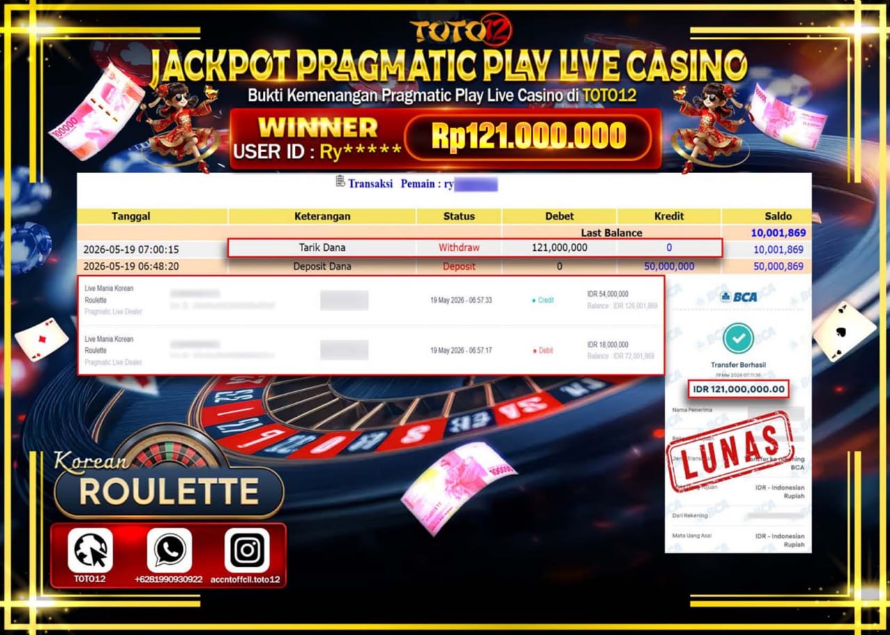 HANYA DI TOTO12 JP PASTI DI BAYAR LUNAS DAN CEPAT!!!!!! JACKPOT PRAGMATIC PLAY LIVE GAME CASINO (LIVE MANIA KOREAN ROULETTE) Rp121.000.000!!!!