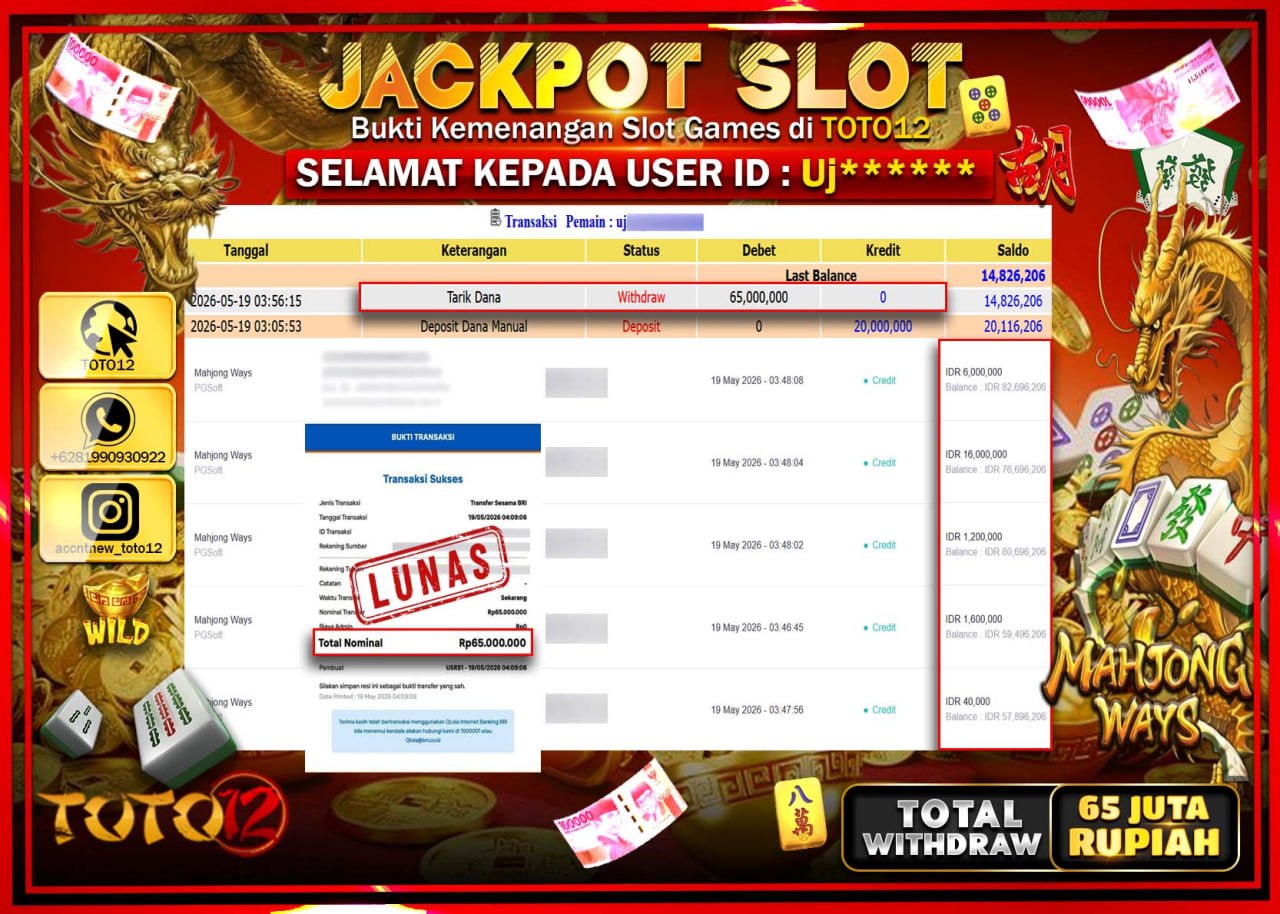 HANYA DI TOTO12 JP PASTI DI BAYAR LUNAS DAN CEPAT!!!!!! JACKPOT SLOT GAME (MAHJONG WAYS) Rp65.000.000!!!!