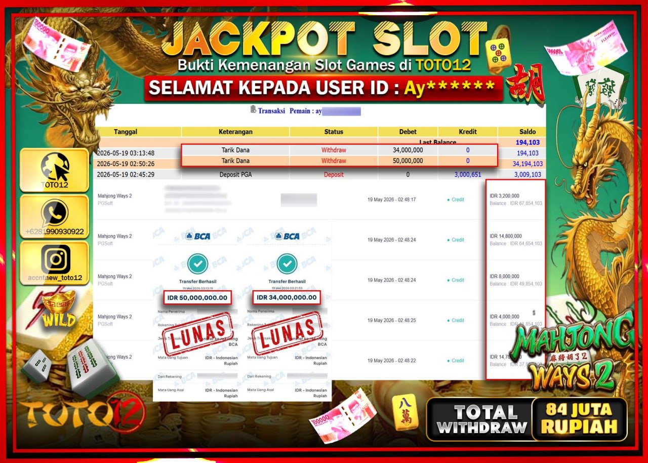HANYA DI TOTO12 JP PASTI DI BAYAR LUNAS DAN CEPAT!!!!!! JACKPOT SLOT GAME (MAHJONG WAYS 2) Rp84.000.000!!!!