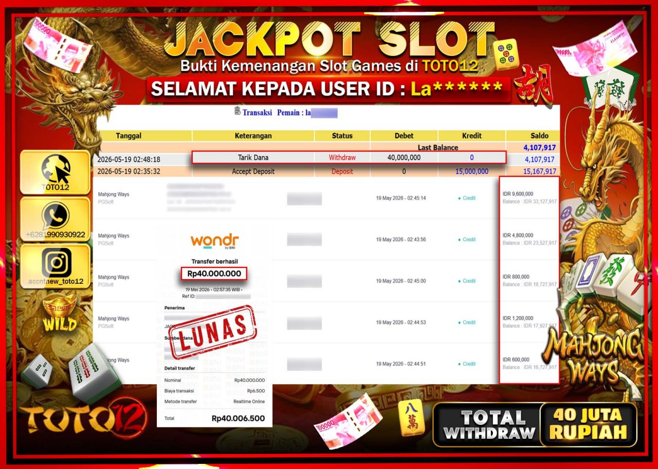 HANYA DI TOTO12 JP PASTI DI BAYAR LUNAS DAN CEPAT!!!!!! JACKPOT SLOT GAME (MAHJONG WAYS) Rp40.000.000!!!!