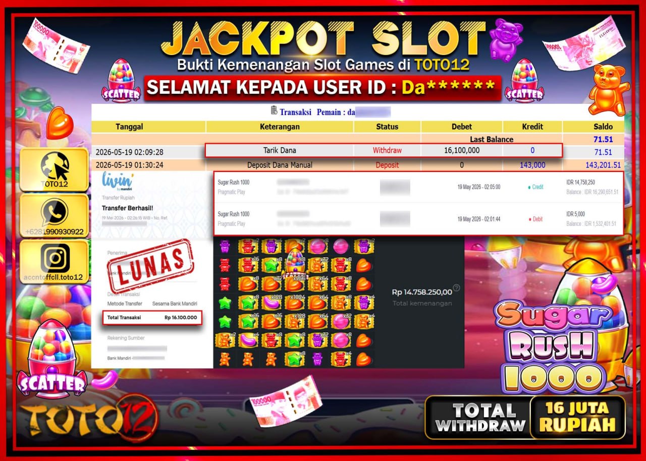HANYA DI TOTO12 JP PASTI DI BAYAR LUNAS DAN CEPAT!!!!!! JACKPOT SLOT GAME (SUGAR RUSH 1000) Rp16.100.000!!!!