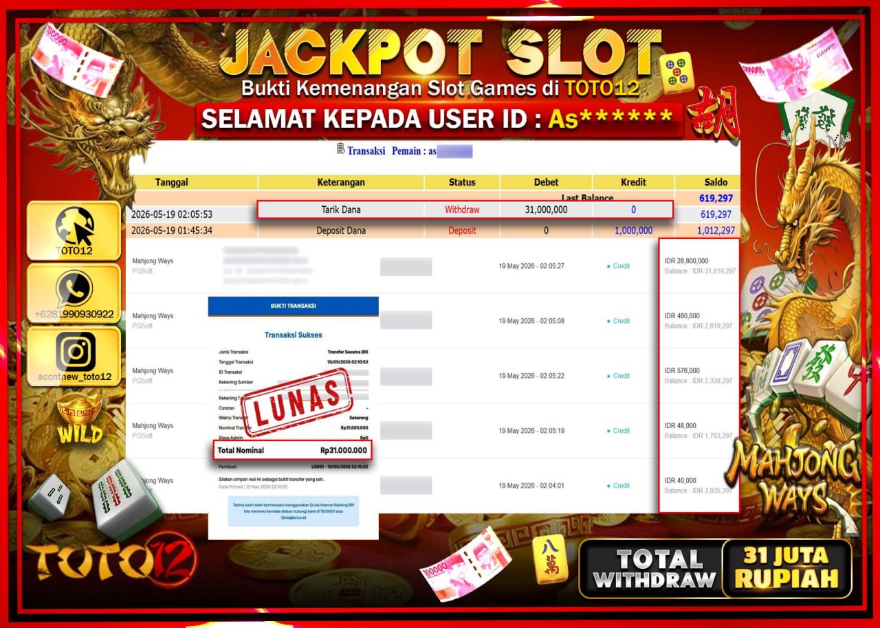 HANYA DI TOTO12 JP PASTI DI BAYAR LUNAS DAN CEPAT!!!!!! JACKPOT SLOT GAME (MAHJONG WAYS) Rp31.000.000!!!!