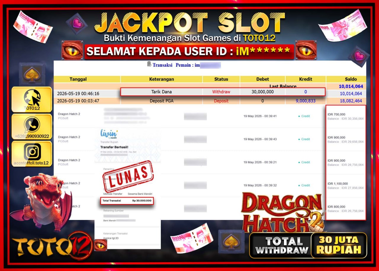 HANYA DI TOTO12 JP PASTI DI BAYAR LUNAS DAN CEPAT!!!!!! JACKPOT SLOT GAME (DRAGON HATCH) Rp30.000.000!!!!