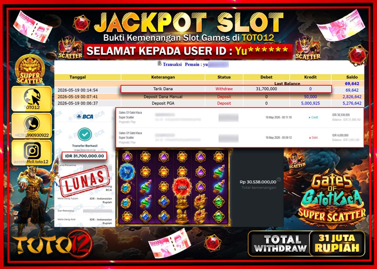 HANYA DI TOTO12 JP PASTI DI BAYAR LUNAS DAN CEPAT!!!!!! JACKPOT SLOT GAME (GATES OF GATOT KACA SUPER SCATTER) Rp31.700.000!!!!