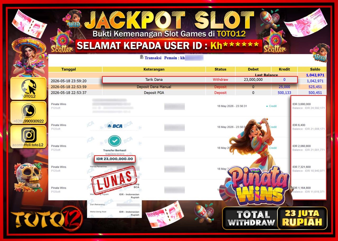 HANYA DI TOTO12 JP PASTI DI BAYAR LUNAS DAN CEPAT!!!!!! JACKPOT SLOT GAME (PINATA WINS) Rp23.000.000!!!!