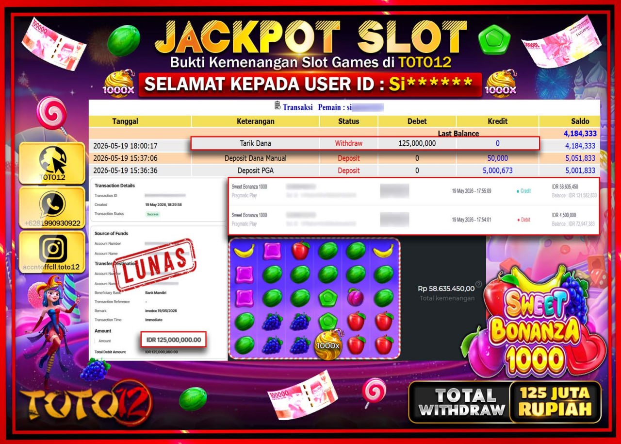 HANYA DI TOTO12 JP PASTI DI BAYAR LUNAS DAN CEPAT!!!!!! JACKPOT SLOT GAME (SWEET BONANZA 1000) Rp125.000.000!!!!