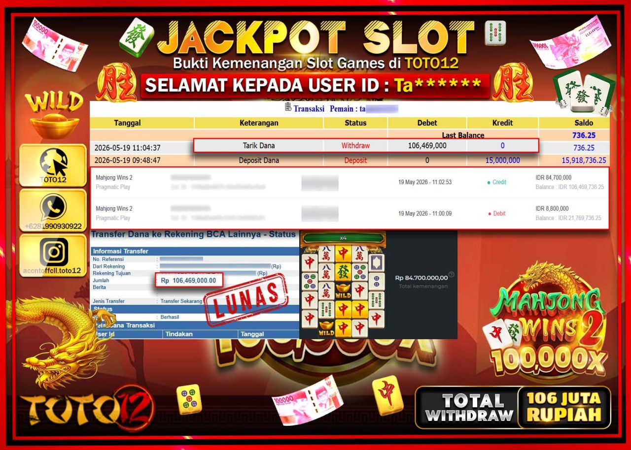HANYA DI TOTO12 JP PASTI DI BAYAR LUNAS DAN CEPAT!!!!!! JACKPOT SLOT GAME (MAHJONG WINS 2) Rp106.469.000!!!!