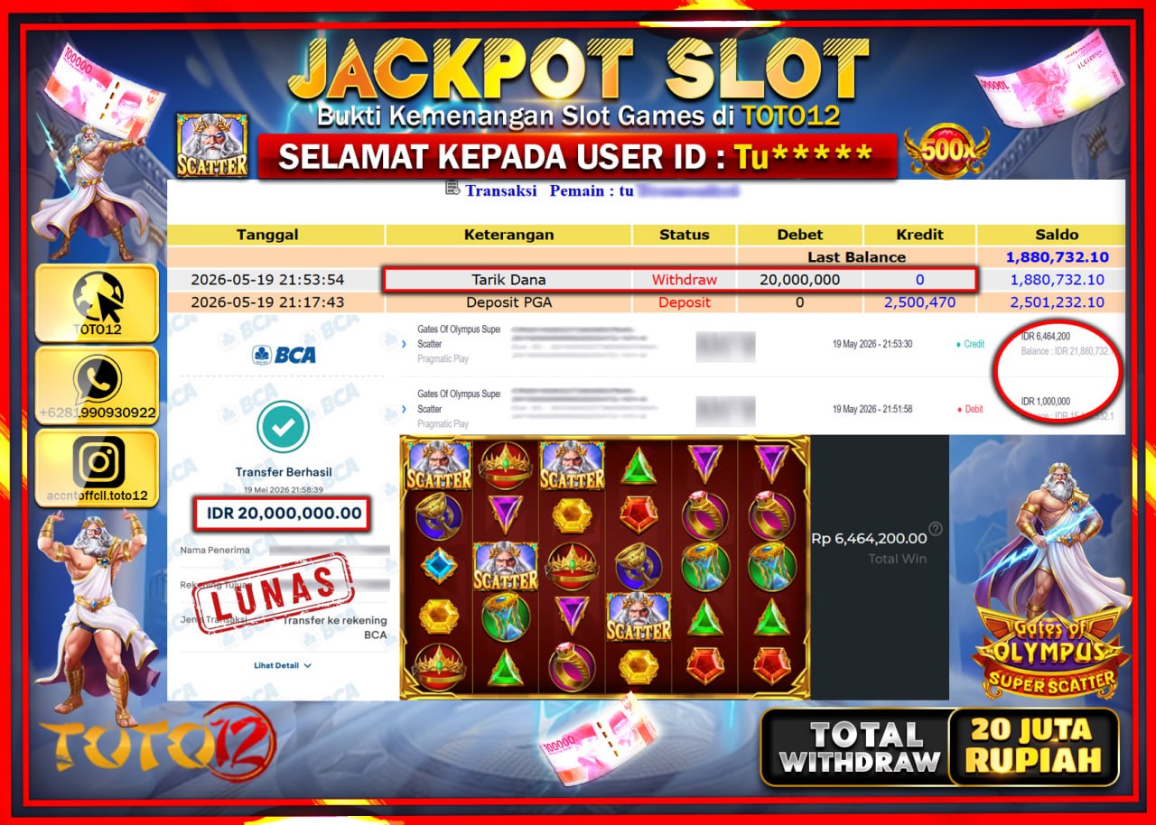 HANYA DI TOTO12 JP PASTI DI BAYAR LUNAS DAN CEPAT!!!!!! JACKPOT SLOT GAME (GATES OF OLYMPUS SUPER SCATTER) Rp20.000.000!!!!