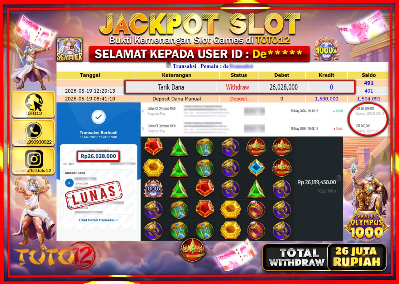 HANYA DI TOTO12 JP PASTI DI BAYAR LUNAS DAN CEPAT!!!!!! JACKPOT SLOT GAME (GATES OF OLYMPUS 1000) Rp26.028.000!!!!