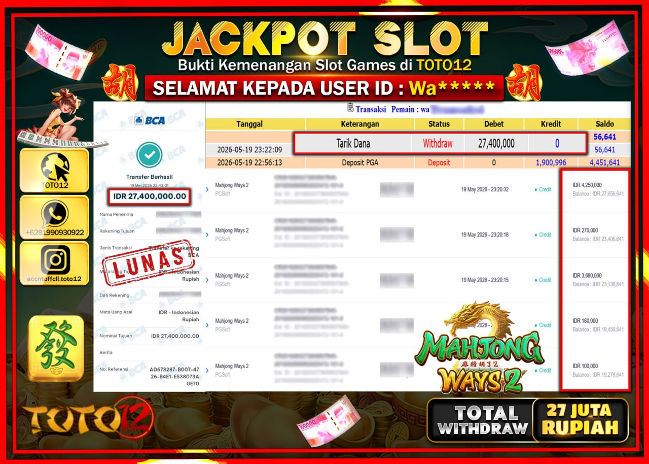 HANYA DI TOTO12 JP PASTI DI BAYAR LUNAS DAN CEPAT!!!!!! JACKPOT SLOT GAME (MAHJONG WAYS 2) Rp27.400.000!!!!