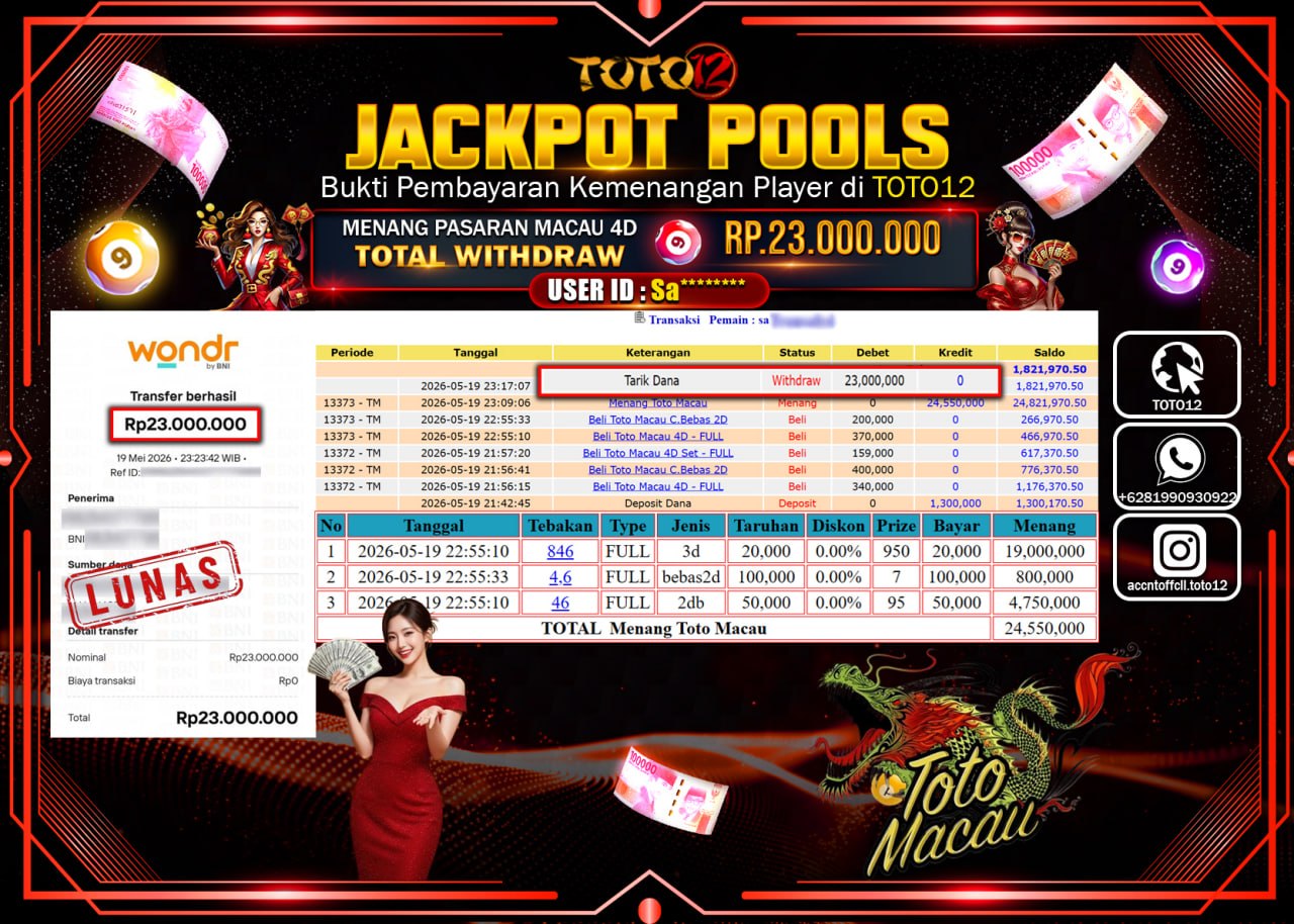 HANYA DI TOTO12 JP PASTI DI BAYAR LUNAS DAN CEPAT!!!!!! JACKPOT POOLS PASARAN (MACAU 4D) Rp23.000.000!!!!