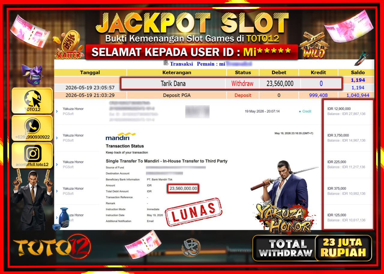 HANYA DI TOTO12 JP PASTI DI BAYAR LUNAS DAN CEPAT!!!!!! JACKPOT SLOT GAME (YAKUZA HONOR) Rp23.560.000!!!!