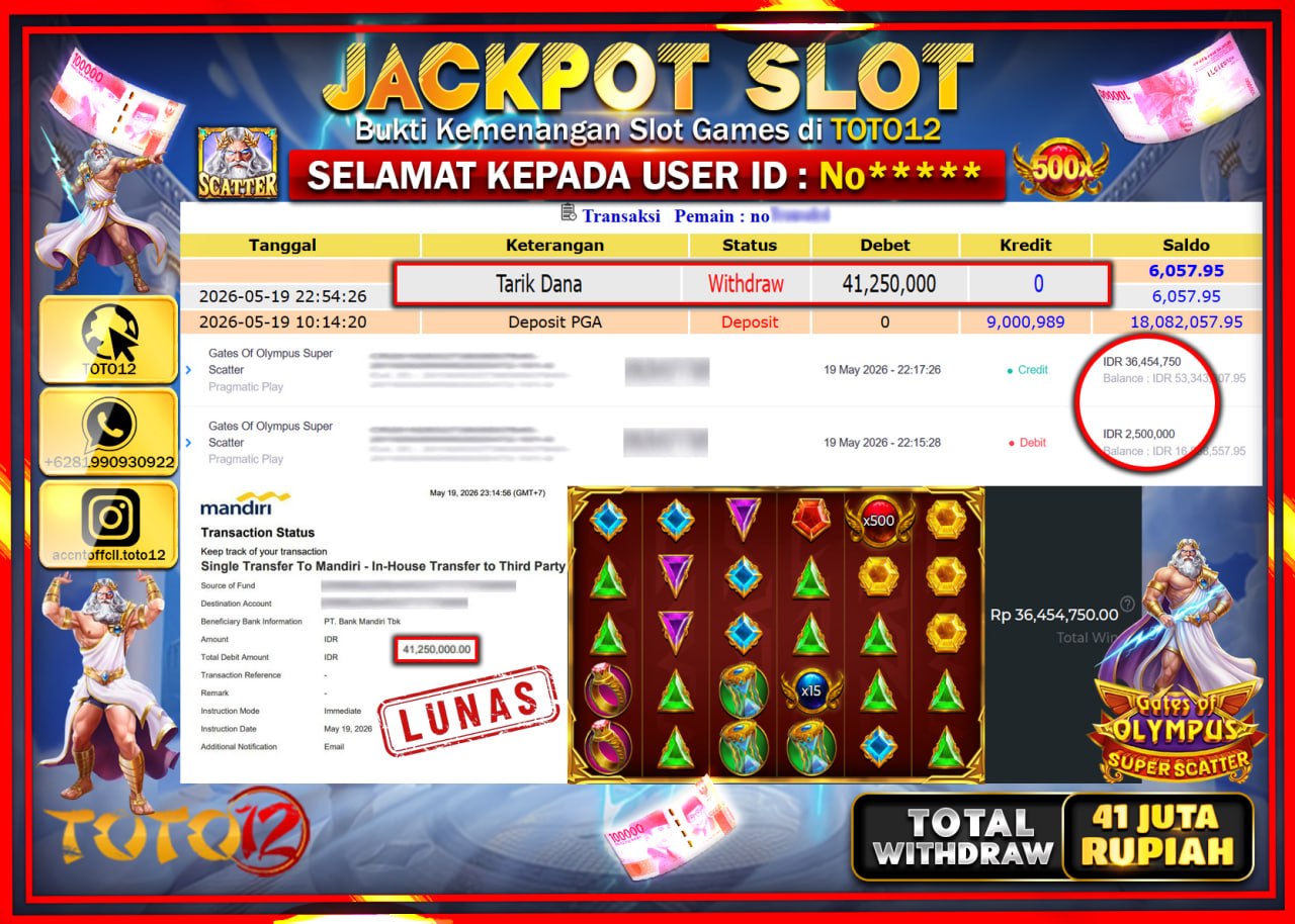 HANYA DI TOTO12 JP PASTI DI BAYAR LUNAS DAN CEPAT!!!!!! JACKPOT SLOT GAME (GATES OF OLYMPUS SUPER SCATTER) Rp41.250.000!!!!